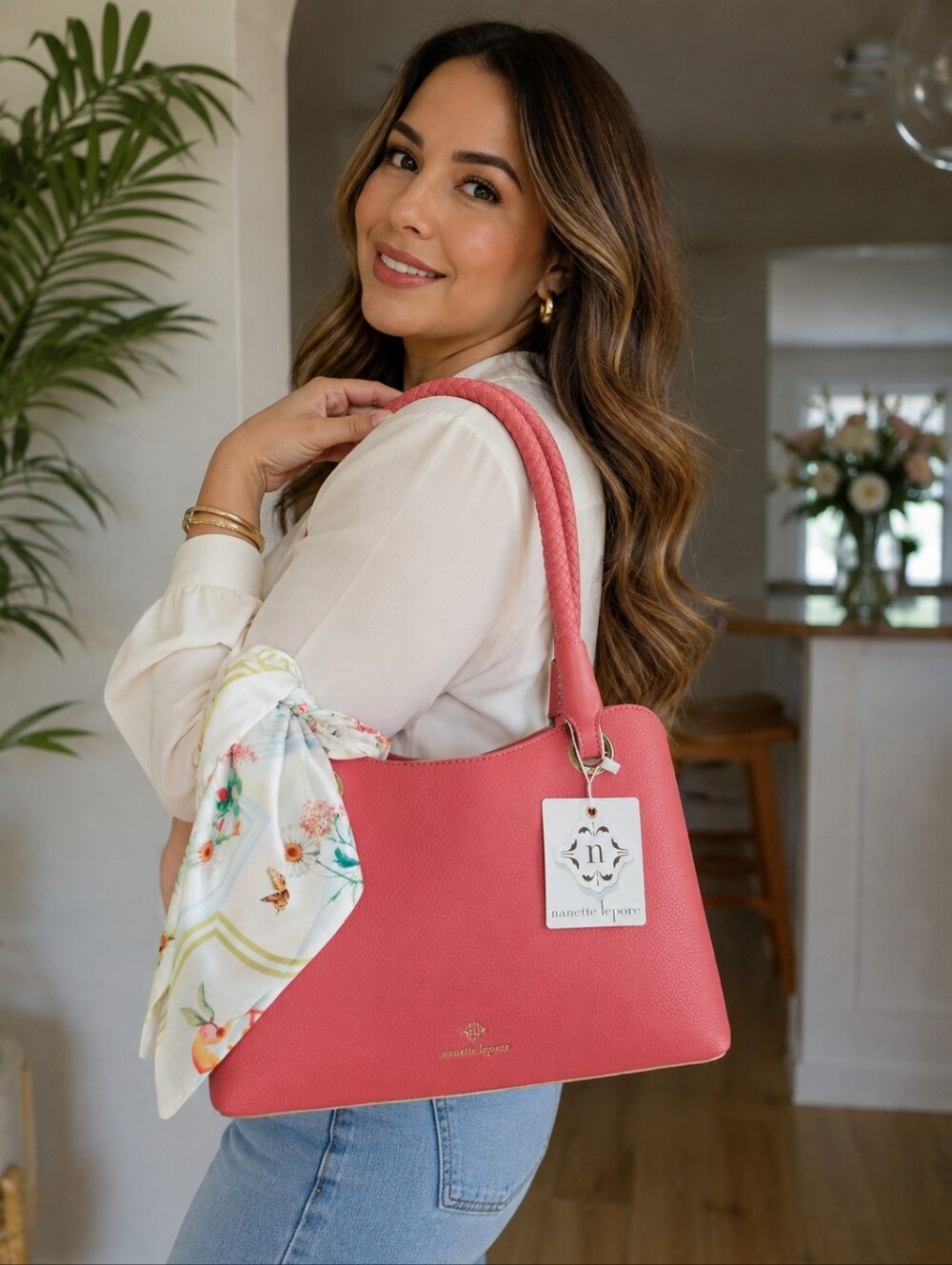 Nanette Lepore Coral Pink Tote Bag with Floral & Fruit Scarf – NWT